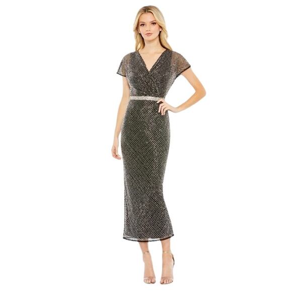 Mac Duggal Dresses & Skirts - MAC DUGGAL Dress Size 4 Evening Gown Black Midi Beaded NEW Short Sleeve Silver